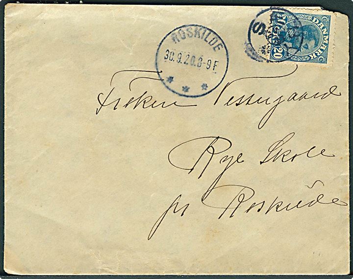 20 øre Chr. X på brev annulleret med stjernestempel SÆBY og sidestemplet Roskilde d. 30.9.1920 til Rye Skole pr. Roskilde. 
