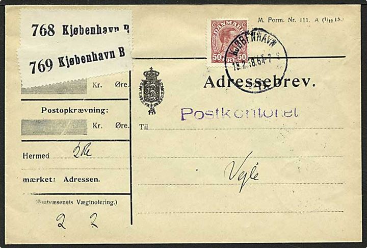 50 øre vinrød Chr. X på adressebrev fra København d. 13.2.1918 til Vejle.