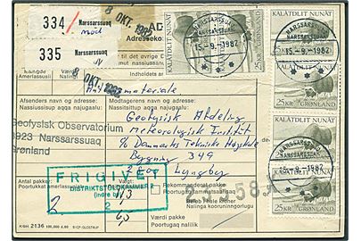 25 kr. Moskusokse (6) på adressekort for 2 pakker fra Narssarssuaq d. 15.9.1982 til Lyngby, Danmark. Tape.