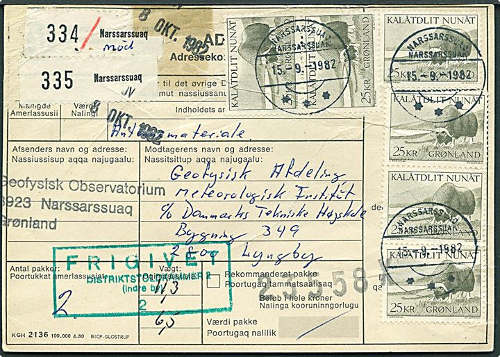 25 kr. Moskusokse (6) på adressekort for 2 pakker fra Narssarssuaq d. 15.9.1982 til Lyngby, Danmark. Tape.