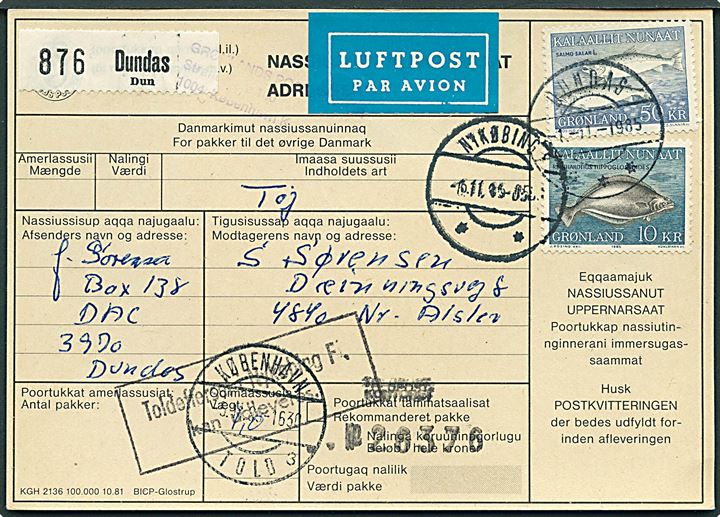 10 kr. Hellefisk og 50 kr. Skællaks på adressekort for luftpostpakke fra Dundas d. 1.11.1985 til Nr. Alslev.