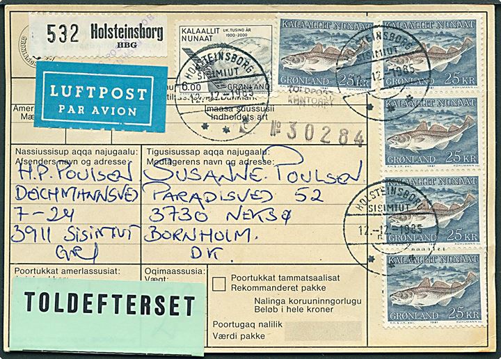 6 kr. 1000 års udg. og 25 kr. Torsk (5) på adressekort for pakke fra Holsteinsborg d. 12.12.1985 til Neksø.