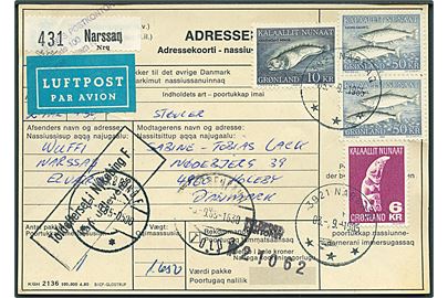 6 kr. Tupilak, 10 kr. Havkat og 50 kr. Skællaks (2) på adressekort for luftpostpakke fra Nassaq d. 3.9.1985 til Holeby.