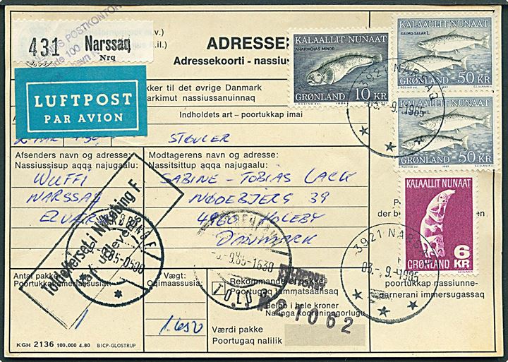 6 kr. Tupilak, 10 kr. Havkat og 50 kr. Skællaks (2) på adressekort for luftpostpakke fra Nassaq d. 3.9.1985 til Holeby.