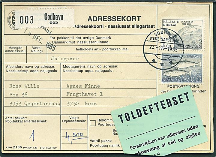 6 kr. 1000 års udg. og 50 kr. Skællaks på adressekort for pakke fra Godhavn d. 22.11.1985 til Neksø.