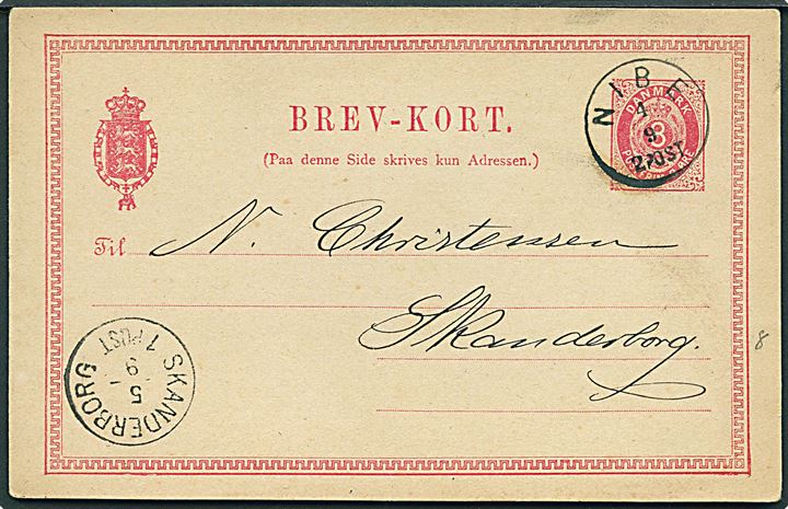8 øre helsagsbrevkort annulleret med lapidar Nibe d. 4.9.1884 til Skanderborg.
