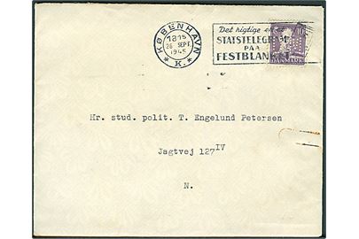 10 øre Chr. X med perfin U.M. på lokalbrev fra Udenrigsministeriet i København d. 26.9.1945.