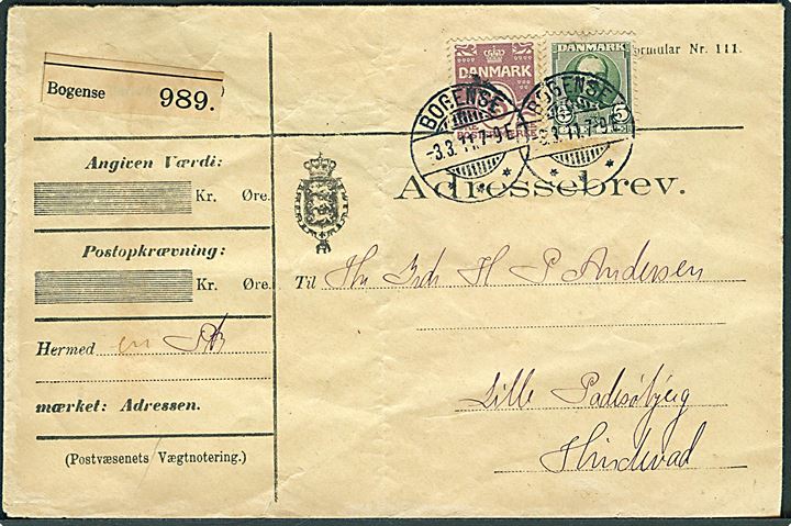 5 øre Fr. VIII og 15 øre Bølgelinie på adressebrev for pakke fra Bogense d. 3.3.1911 til Hindevad.