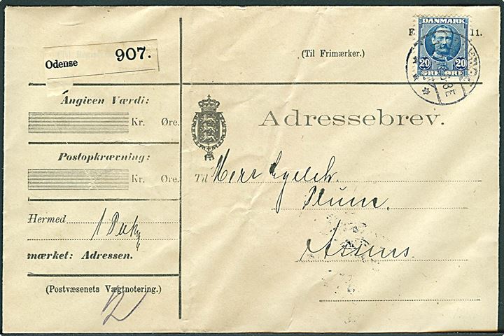 20 øre Fr. VIII single på adressebrev for pakke fra Odense d. 15.3.1912 til Assens.