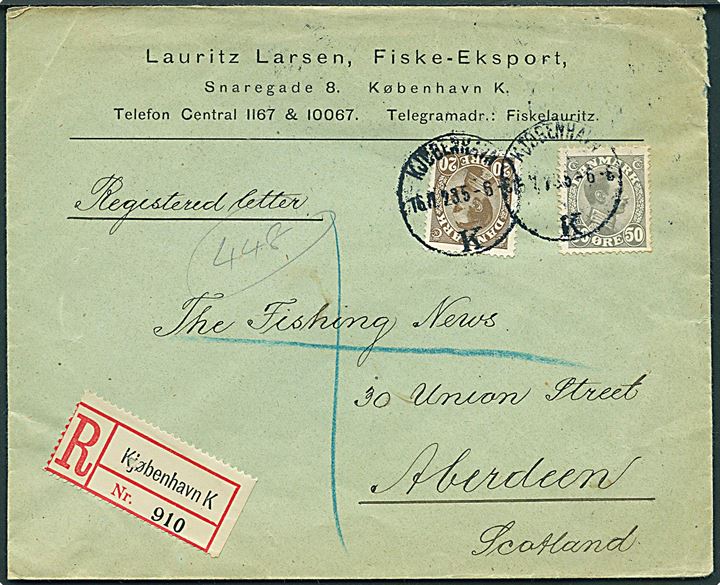 20 øre og 50 øre Chr. X på anbefalet brev fra Kjøbenhavn d. 16.11.1923 til Aberdeen, Scotland.