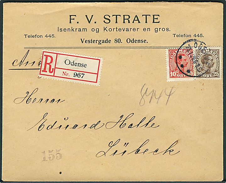 10 øre og 25 øre Chr. X på anbefalet brev fra Odense d. 23.1.1920 til Lübeck, Tyskland.