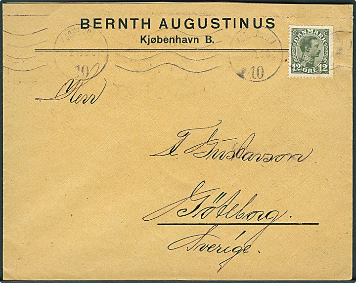 12 øre Chr. X single på brev fra Kjøbenhavn d. 25.2.1919 til Göteborg, Sverige.