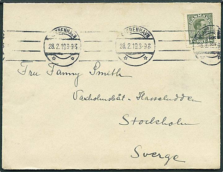 12 øre Chr. X single på skærgårds-brev fra Kjøbenhavn d. 28.2.1919 pr. Vaxholmsbåt til Hasseludden pr. Stockholm. 