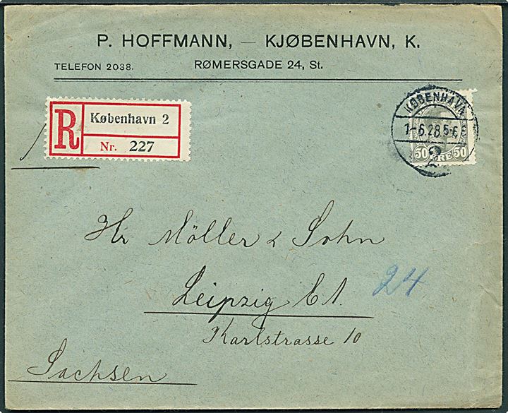 50 øre Chr. X single på anbefalet brev fra København d. 1.6.1928 til Leipzig, Tyskland.