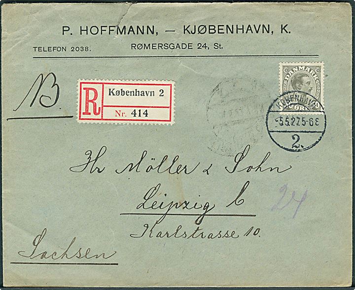 50 øre Chr. X single på anbefalet brev fra København d. 5.5.1927 til Leipzig, Tyskland.