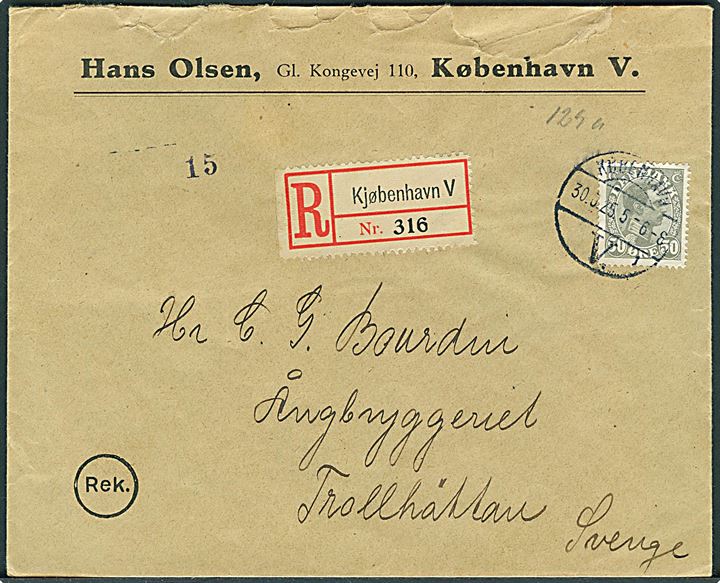 50 øre Chr. X single på anbefalet brev fra København d. 30.5.1925 til Trollhättan, Sverige.