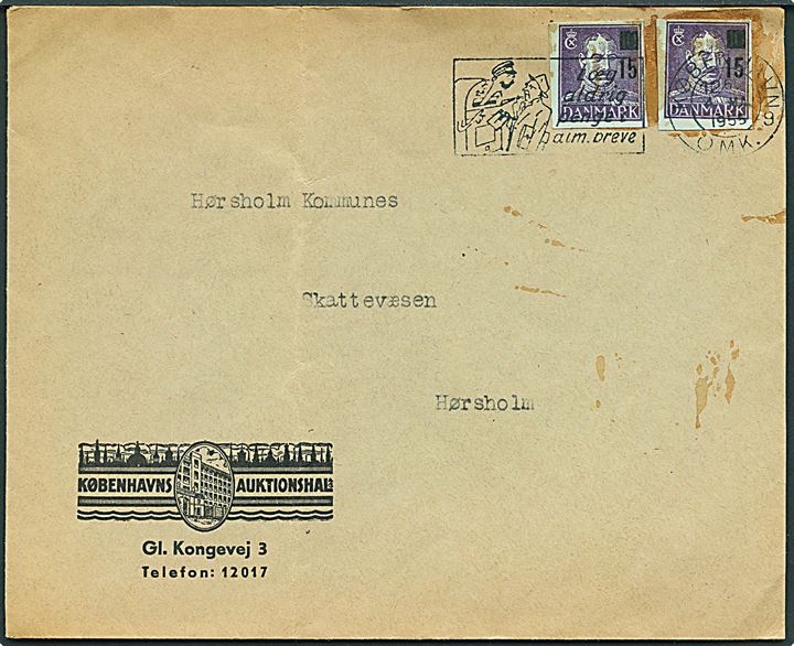 15/10 øre helsagsafklip (2) på brev fra København d. 4.5.1955 til Hørsholm.