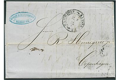 1856. Ufrankeret brev fra Hamburg stemplet Altonaer Bahnhof d. 30.9.1856 til København.