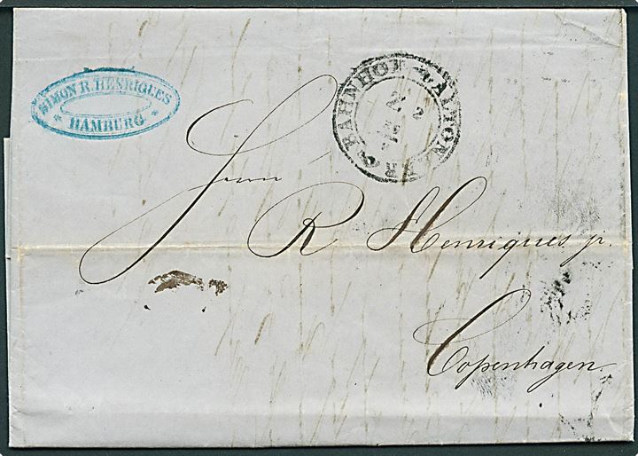 1856. Ufrankeret brev fra Hamburg stemplet Altonaer Bahnhof d. 30.9.1856 til København.