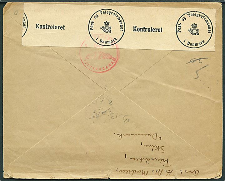 20+5 øre Børneforsorg på brev fra Skive d. 28.11.1944 til Stockholm, Sverige. Censureret med dansk censurbanderole og rødt Sønderborg-censurstempel Zensurstelle k.
