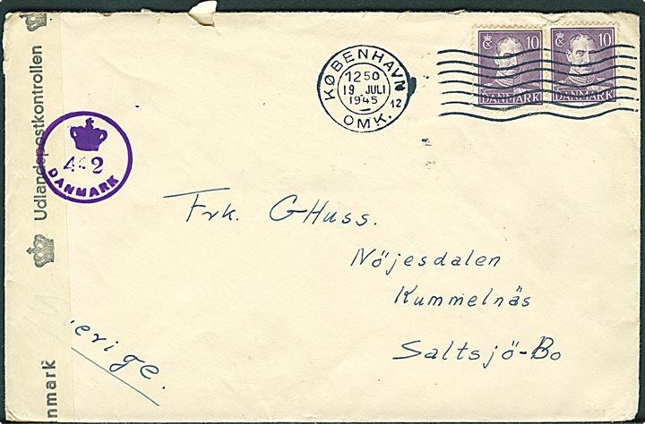 10 øre Chr. X (2) på brev fra København d. 19.7.1945 til Saltsjö-Bo, Sverige. Åbnet af dansk efterkrigscensur (krone)/462/Danmark.