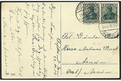 5 pfennig grøn på postkort fra Toftlund d. 24.10.1918 til Arnum. Toftlund / (Kr. Hadersleben) brotypestempel.