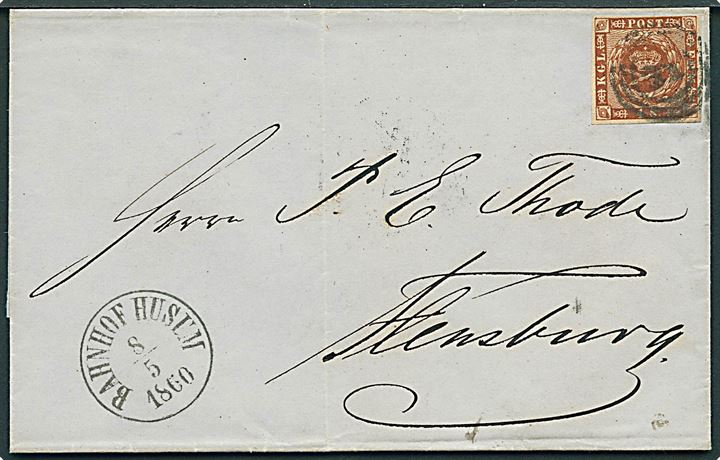 4 sk. 1858 udg. på brev annulleret med svagt nr.stempel og sidestemplet antiqua Bahnhof Husum d. 8.5.1860 til Flensburg.