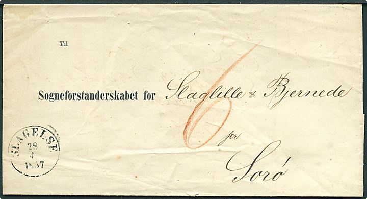 1857. Portobrev med antiqua Slagelse d. 28.4.1857 til Slagligge og Bjernede Sogneforstanderskab pr. Sorø. Udtakseret i 6 sk. porto.