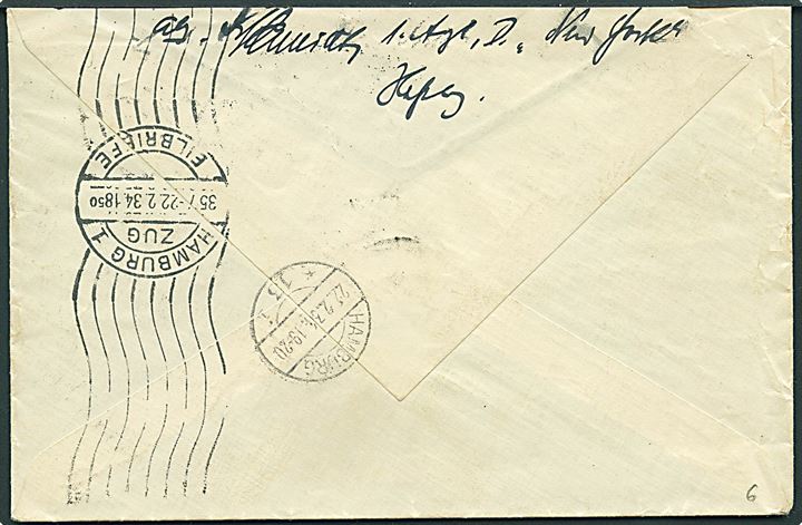 12 pfg., 15 pfg. og 25 pfg. Hindenburg på fortrykt kuvert fra Hamburg-Amerika Linie sendt som ekspres fra Cuxhaven d. 22.2.1934 til Hamburg. Fra sømand ombord på damper S/S New York. På bagsiden håndrullestempel Hamburg 1 Zug 357 Eilbriefe d. 22.2.1934. 