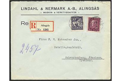 10 øre violet løve og 35 øre lilla Gustav på Rec. brev fra Alingås d. 12.8 1931 til Schwarzenberg, Tyskland.