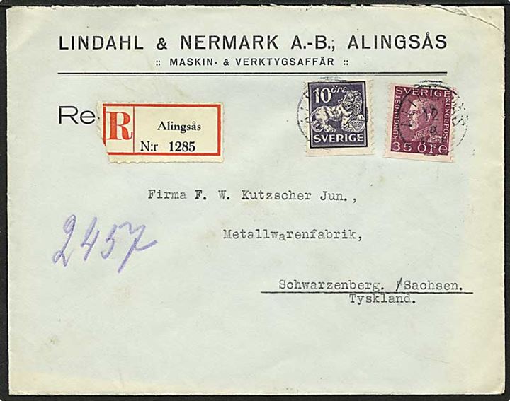 10 øre violet løve og 35 øre lilla Gustav på Rec. brev fra Alingås d. 12.8 1931 til Schwarzenberg, Tyskland.