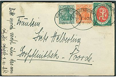 5 pfg., 10 pfg. Germania og 25 pfg. Weimar (skadet) på brevkort annulleret med bureaustempel Kiel - Rendsburg zug 970 d. 15.7.1921.