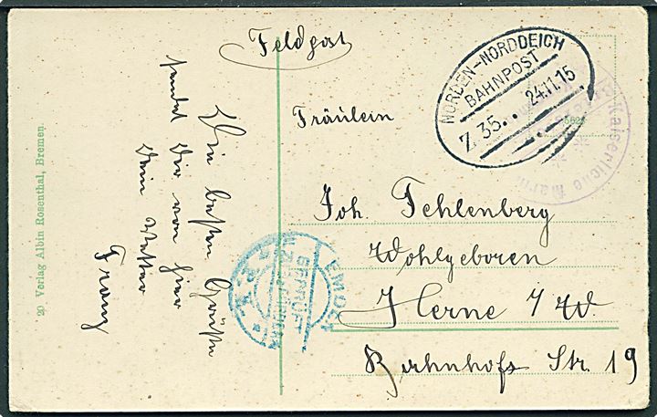 Ufrankeret marinefeltpostbrevkort stemplet Norden - Norddeich Z. 35 d. 24.11.1915. Svagt briefstempel og censur fra Emden.