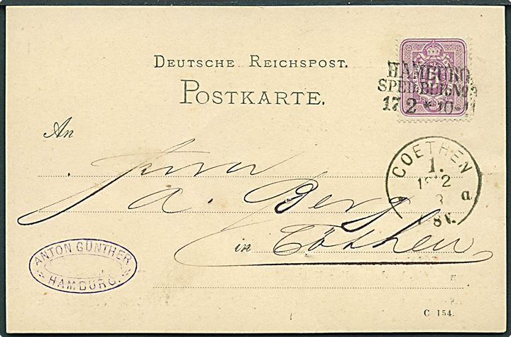 5 pfg. på brevkort fra Hamburg annulleret med bureaustempel Hamburg Sped. Bur. No. 3 d. 17.2.1883 til Cöthen.