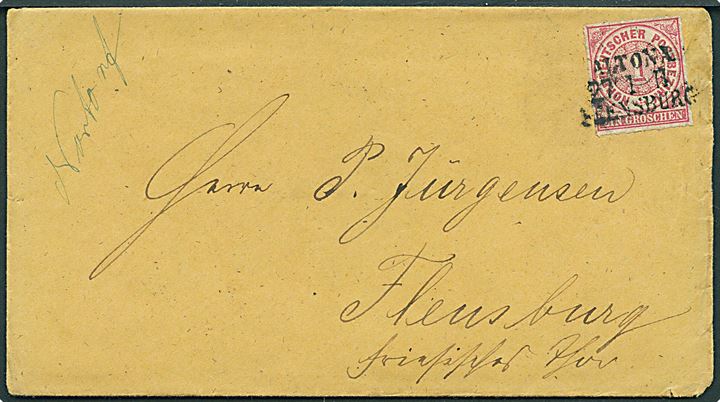 1 gr. på brev annulleret med bureaustempel Altona - Flensburg d. 27.1.1868 med håndskrevet bynavn Nortoft til Flensburg.