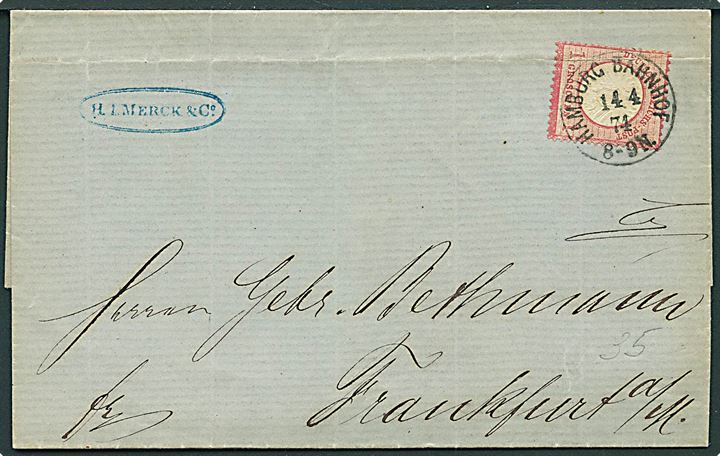 1 gr. Stort Brystskjold på brev stemplet Hamburg Bahnhof d. 14.4.1874 til Frankfurt a/Main.