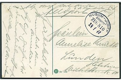Ufrankeret brevkort med bureaustempel Husum - Jübek Bahnpost Zug 810 d. 24.1.1918.
