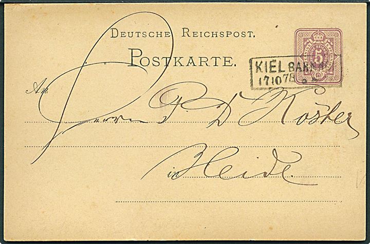 5 pfg. helsagsbrevkort annulleret med rammestempel Kiel Bahnpost d. 17.10.1878 til Heide.