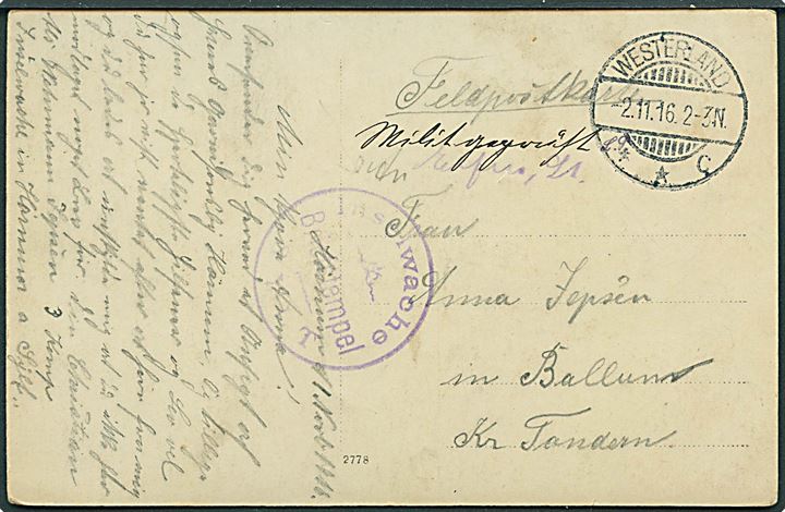 Ufrankeret feltpostkort (Hørnum fyrtårn) dateret Hørnum og stemplet Westerland d. 2.11.1916 med briefstempel: Inselwache SYLT / Briefstempel og håndskrevet Milit. geprüft til Ballum pr. Tondern.