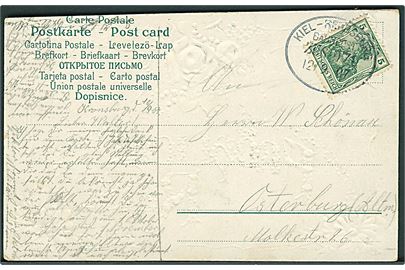 5 pfg. Germania på brevkort annulleret med bureaustempel Kiel - Rendsburg Bahnpost Zug 971 d. 12.9.1907 til Osterburg.