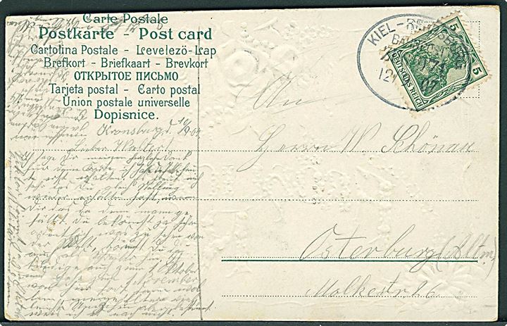 5 pfg. Germania på brevkort annulleret med bureaustempel Kiel - Rendsburg Bahnpost Zug 971 d. 12.9.1907 til Osterburg.