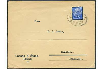 25 pfg. Hindenburg sørge-udg. på brev fra Lübeck annulleret med bureaustempel Kiel - Lübeck Bahnpost Zug 884 d. x.1.1934 til Marstal, Danmark. Rift på bagsiden.