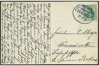 5 pfg. Germania på brevkort annulleret med bureaustempoel Kiel - Neumünster Bahnpost Zug 655 d. 21.11.1911 til Neumünster.