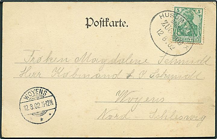 5 pfg. Germania på brevkort annulleret med bureaustempel Husum - Jübek Zug 809 d. 12.8.1902 til Woyens.
