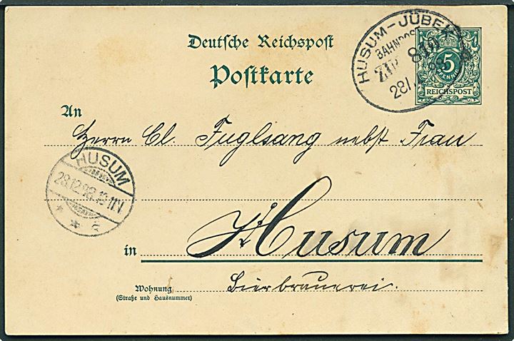 5 pfg. helsagsbrevkort annulleret med bureaustempel Husum - Jübek Bahnpost Zug 810 d. 28.12.1898 til Husum.