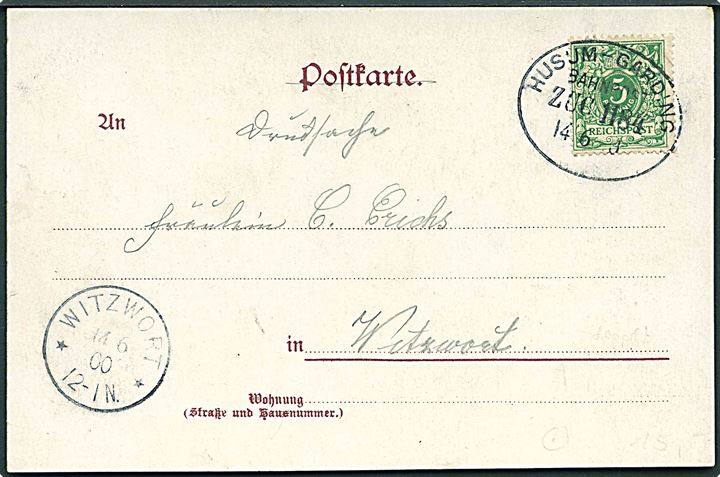 5 pfg. Ciffer på brevkort (Hamburg havn) sendt som tryksag med bureaustempel Husum - Garding Bahnpost Zug 1184 d. 14.6.1900 til Witzwort.