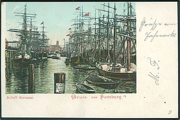 5 pfg. Ciffer på brevkort (Hamburg havn) sendt som tryksag med bureaustempel Husum - Garding Bahnpost Zug 1184 d. 14.6.1900 til Witzwort.