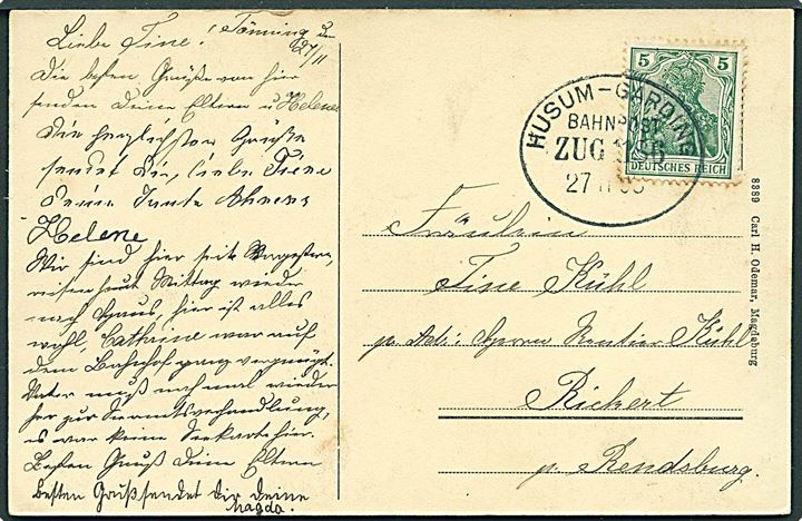5 pfg. Germania på brevkort fra Tönning annulleret med bureaustempel Husum - Garding Bahnpost Zug 1186 d. 27.11.1908 til Rendsburg.