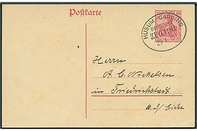 10 pfg. Germania helsagsbrevkort dateret Witzwort annulleret med bureaustempel Husum - Garding Bahnpost Zug 1181 d. 29.1.1919 til Friedrichstadt.