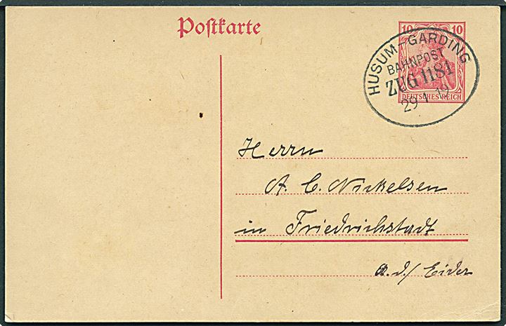 10 pfg. Germania helsagsbrevkort dateret Witzwort annulleret med bureaustempel Husum - Garding Bahnpost Zug 1181 d. 29.1.1919 til Friedrichstadt.